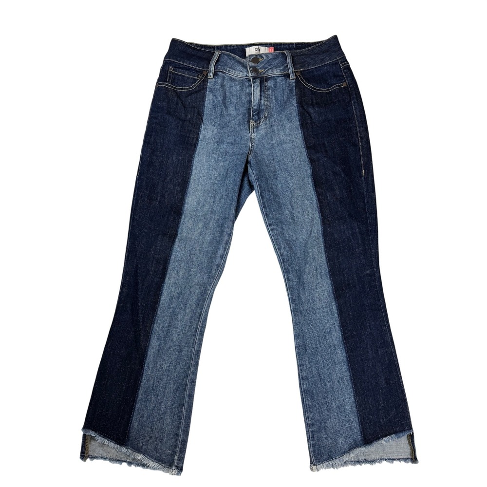 Cabi Hi-Low Crop Jeans 6281 Two Tone Blue Colorblock Frayed Hem Womens 10